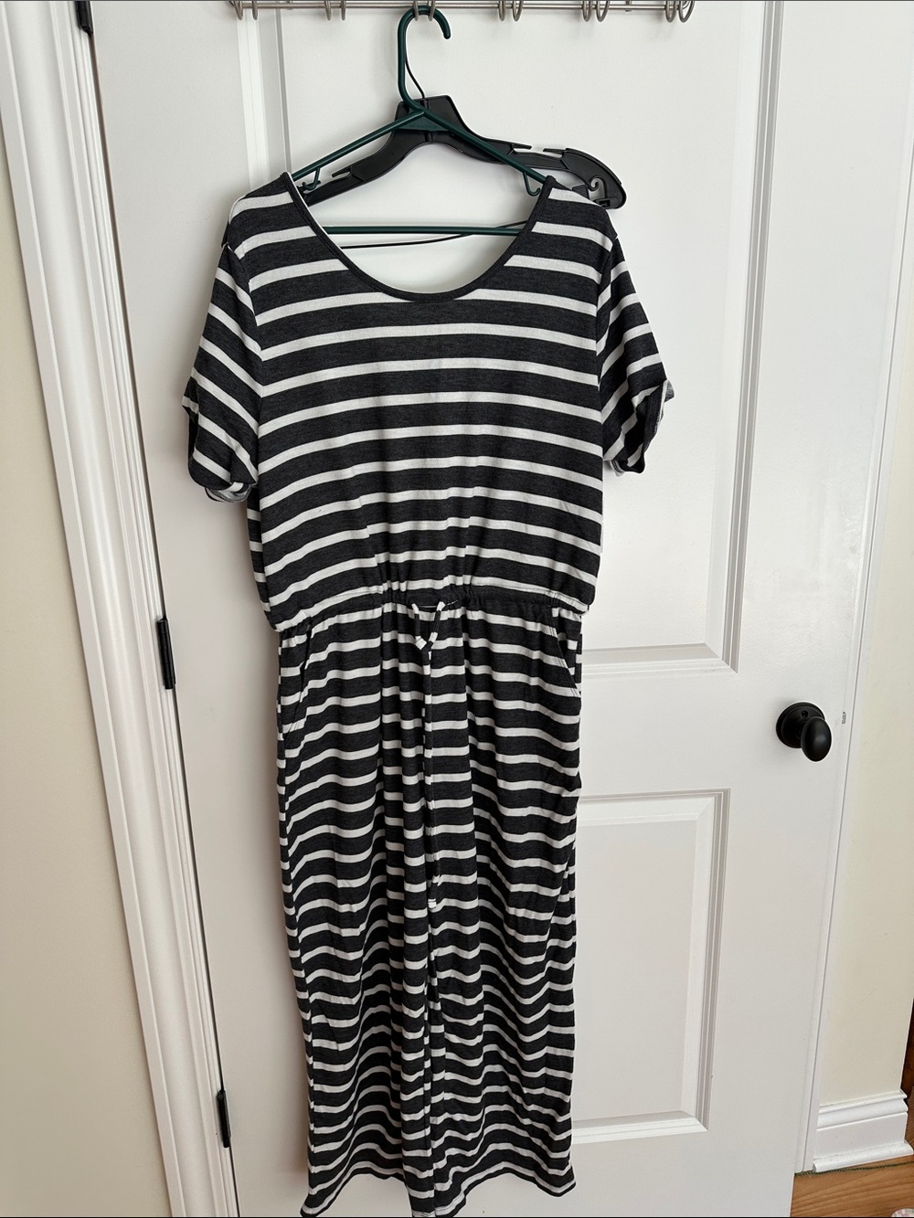 Old Navy Charcoal and White Striped Romper with cinch waist
